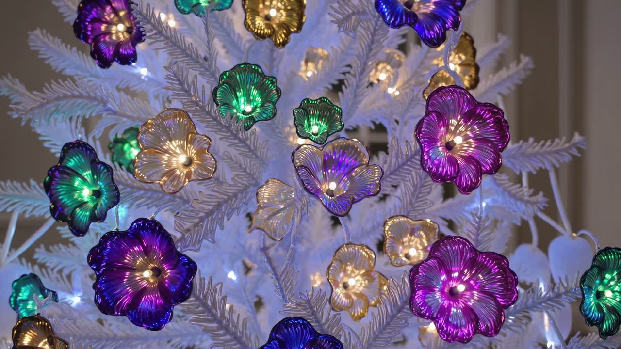 Montage showcasing a white Christmas tree decorated with iridescent flower ornaments in vibrant purple, green, and gold hues, illuminated by small lights, creating a festive and elegant atmosphere