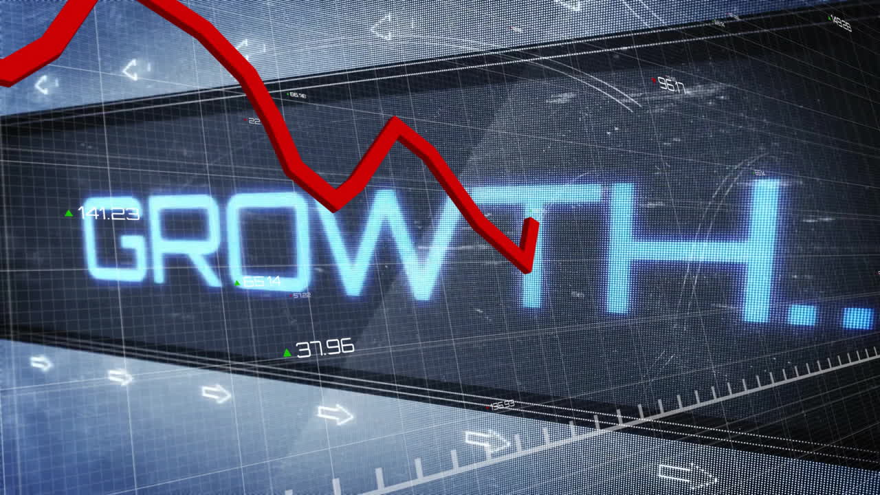 Animation of business text and data processing over dark background