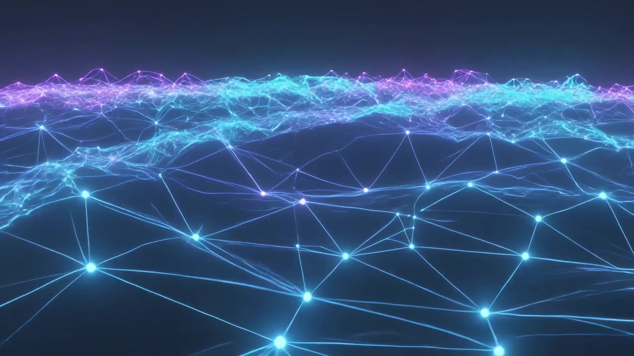 Opening neon mesh shifting across void, nodes pulsing, lines moving for depth, cyan-magenta band
