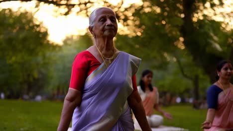 mujeres mayores practicando yoga en un parque