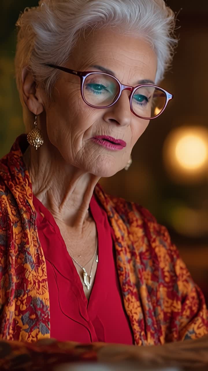 Mujer elegante con cabello plateado y gafas. Viste una blusa roja y un cárdigan estampado. Su expresión muestra concentración y calma. Las luces bokeh cálidas crean una atmósfera suave y acogedora.