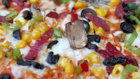 close-up of a delicious pizza slice with various toppings