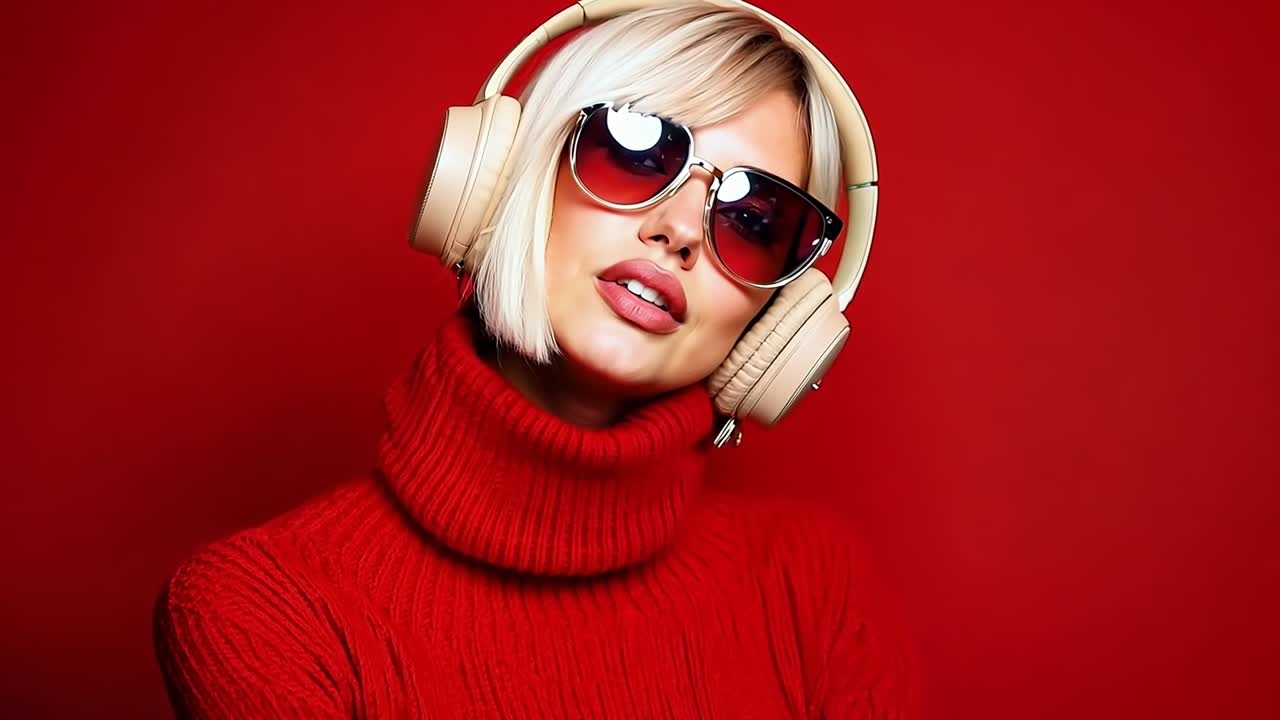 빨간 스웨터와 헤드폰을 입은 여자