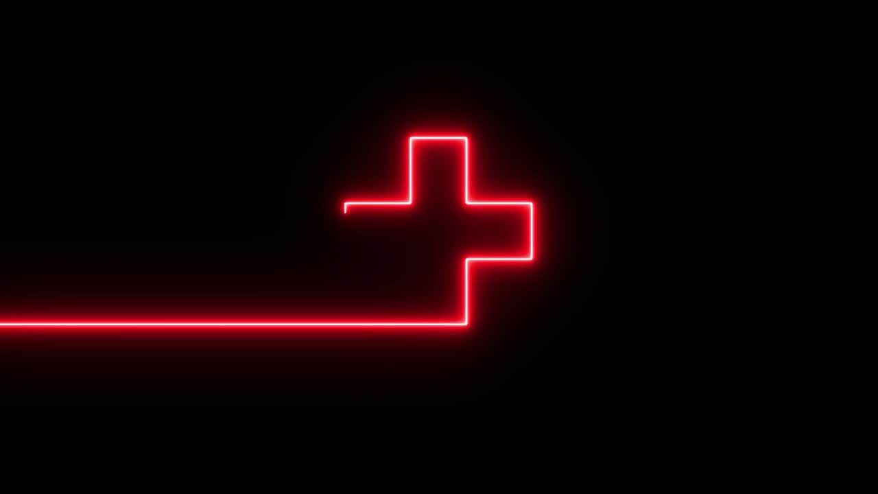 Colorful abstract plus line neon blazing symbol sign on black background. Plus neon line glowing moving motion.