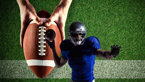 animation of american football player with ball on pitch background