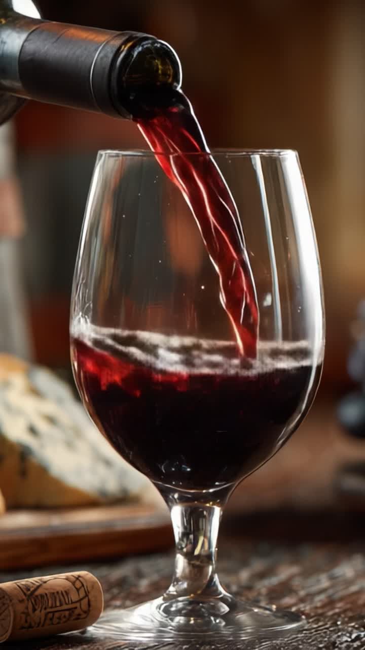 Momentos cativantes de elegância do vinho: a arte de servir vinho tinto em uma taça, mostrando a cor e a textura ricas em um plano de fundo rústico