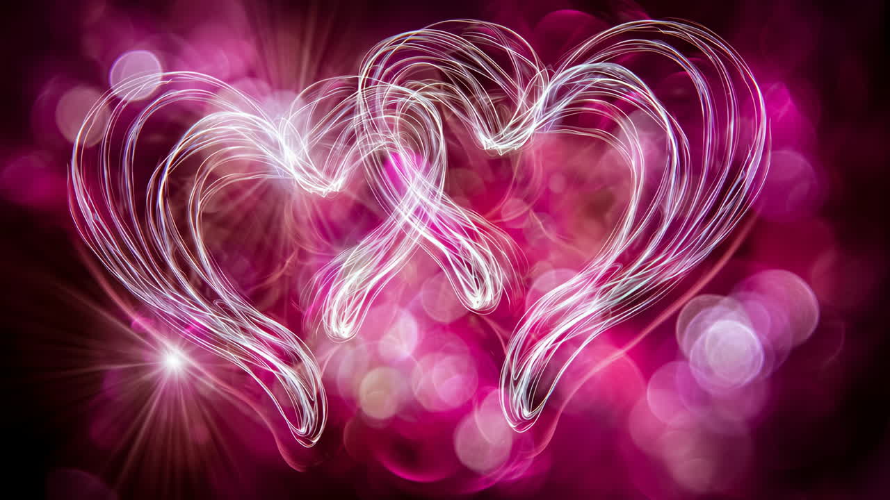 Heart-shaped light trails on pink. Swirling light trails create two intertwined hearts against a vibrant pink backdrop filled with soft bokeh lights