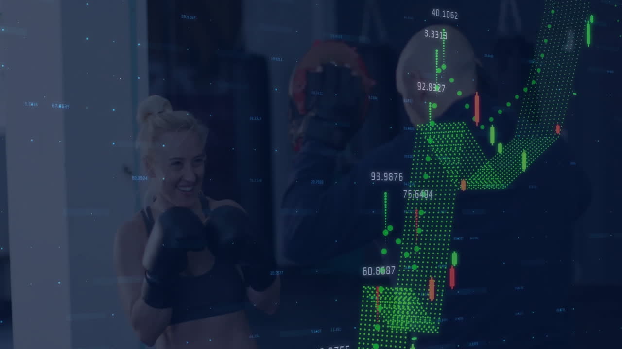 Trainer and trainee throwing punch at focus mitts, showcasing fitness data visualization overlay