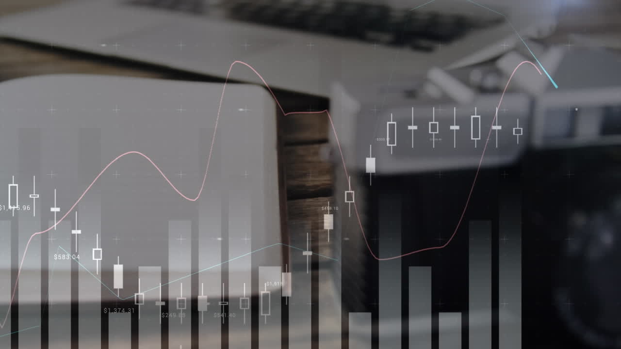 Animation of statistical data processing against close up diary, digital camera and laptop on table
