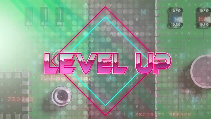 Animazione di testo metallico rosa "level up" su linee al neon su scheda madre verde del computer