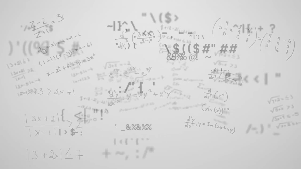Animazione digitale di equazioni e formule matematiche fluttuanti su sfondo grigio