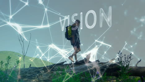 hiker with backpack on mountain trail over network connections and vision animation