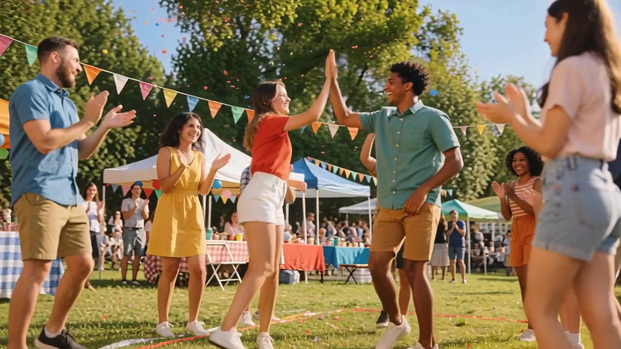 Konfetti starter, midterste par i rød top og turkis skjorte giver high-five, danser og fejrer festival