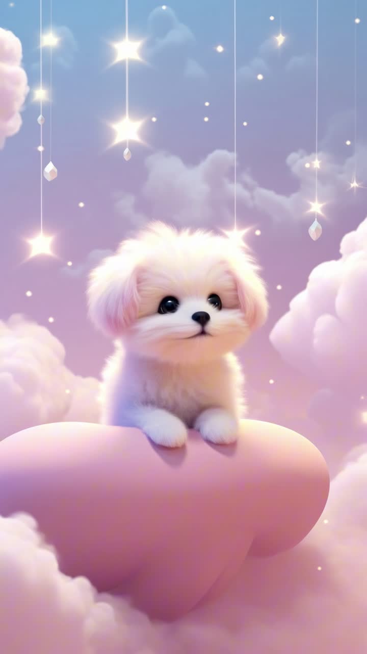 A fluffy puppy on a pink heart amidst dreamy clouds and stars, captured from a low angle
