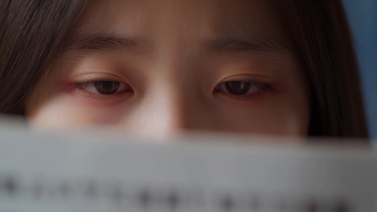 Asian Woman Reading Tired Eyes Close Up, Blurred Page In Foreground, Subtle Red Eyelids And Weary Expression,