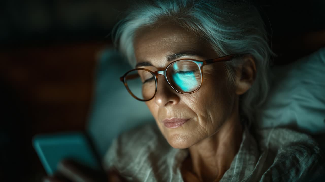 A Thoughtful Senior Woman Engaged with Her Smartphone, Illuminated by the Screen's Glow in a Dimly Lit Room, Capturing a Moment of Reflection and Connectivity