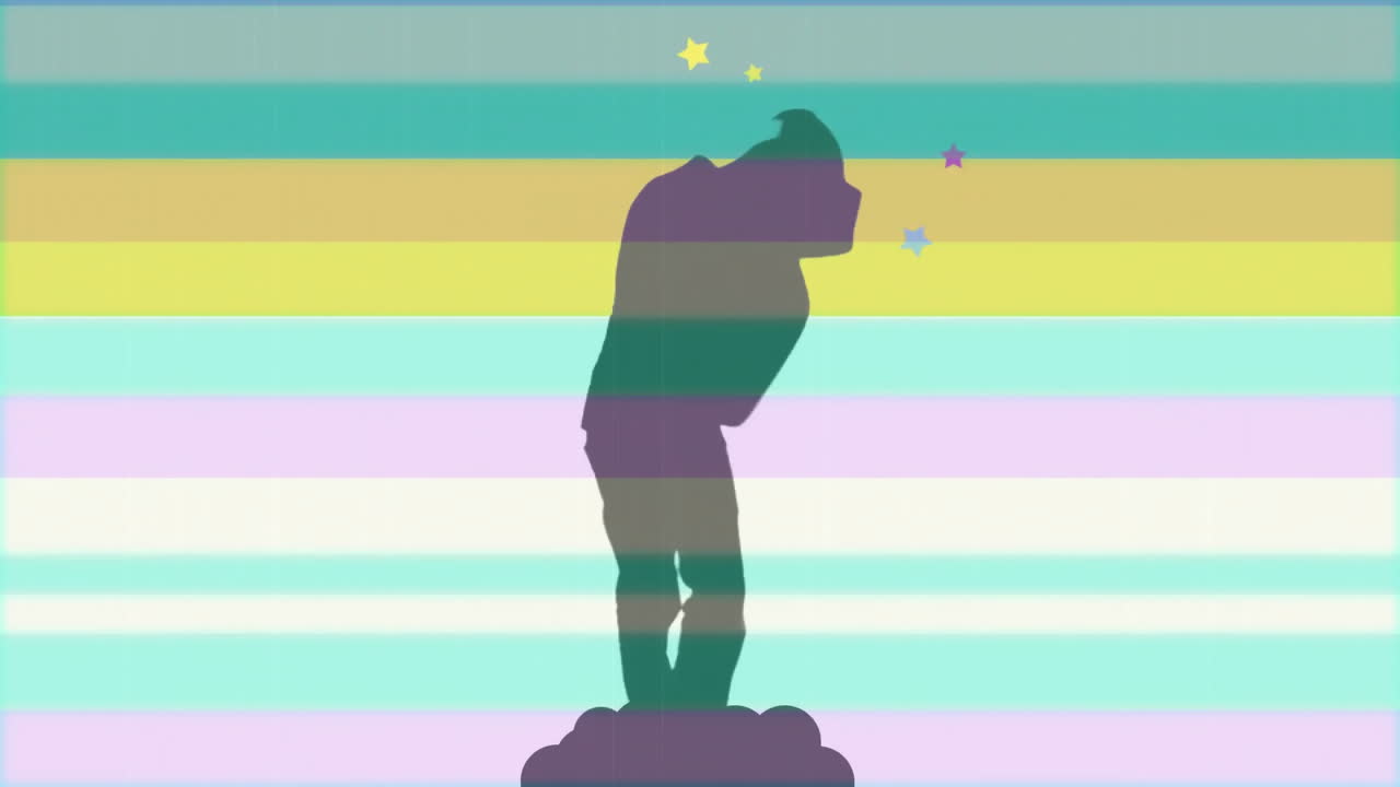 Animation of silhouette of man dancing on colourful background