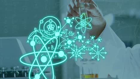 animación del procesamiento de datos científicos sobre un científico caucásico en el laboratorio.