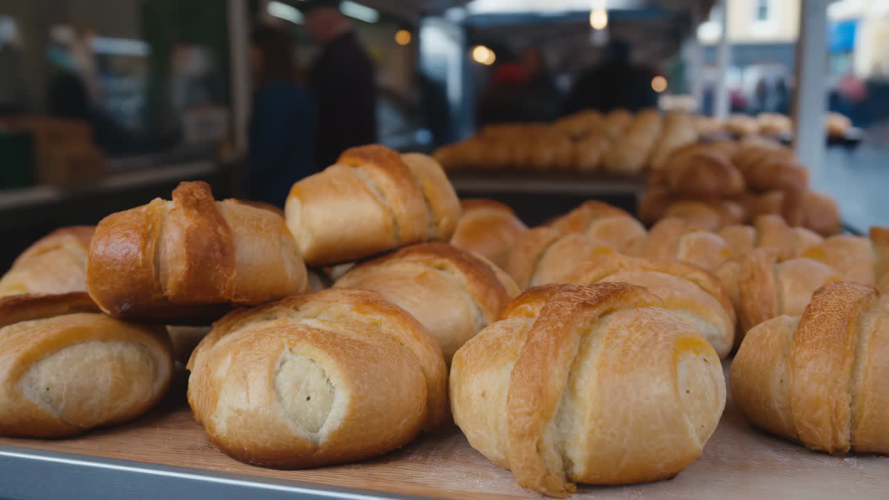 Freshly baked bread rolls at a market stall