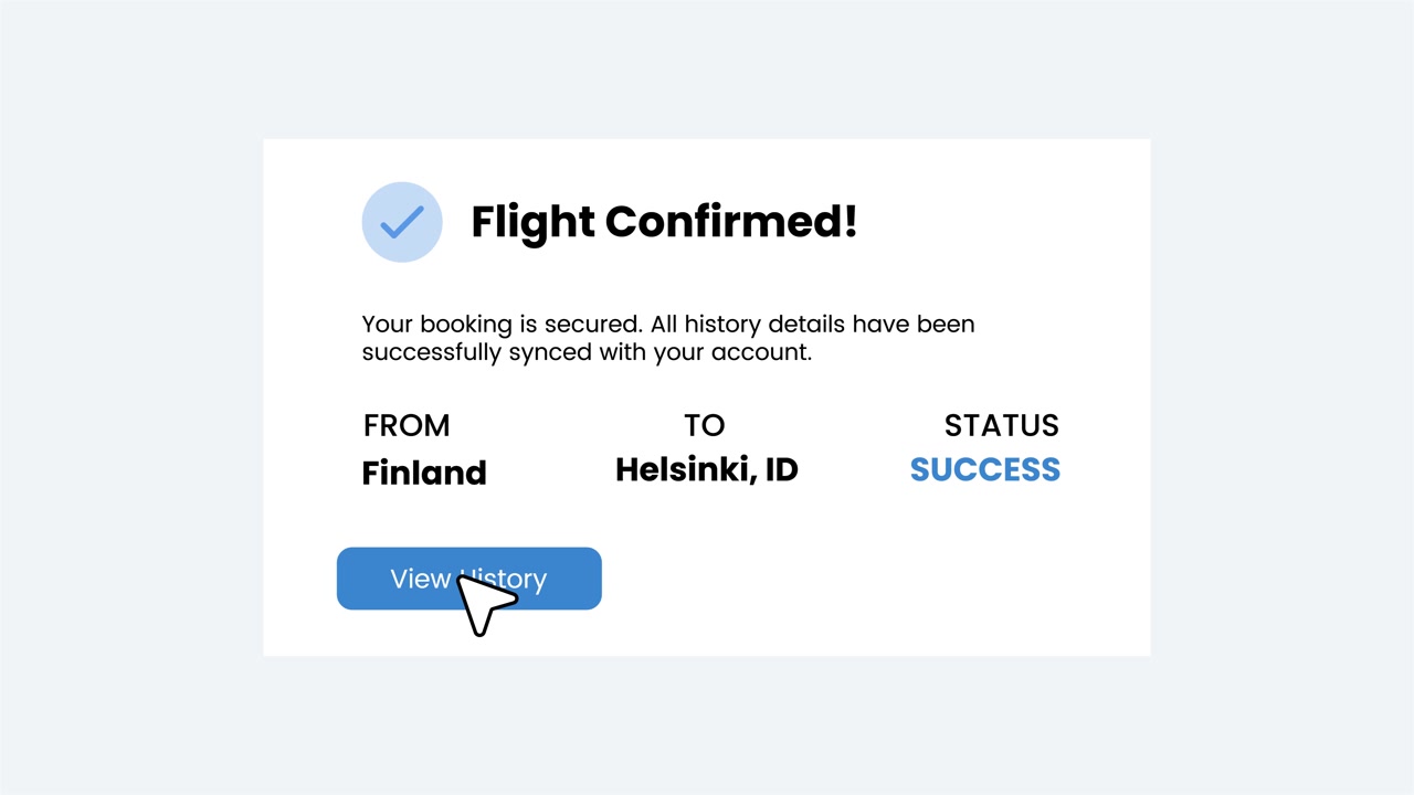 Flight confirmation success message on travel booking page with mouse click animation isolated on white background