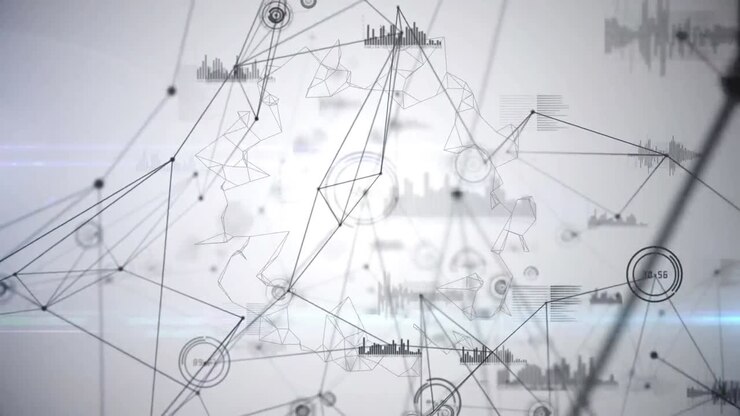 Animation of moving shapes, data processing and network of connections on grey background