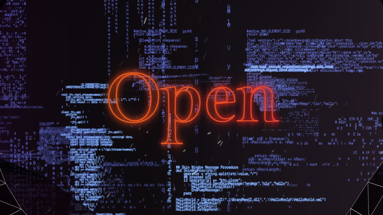 Animation of open text in red neon and tunnel, over processing data