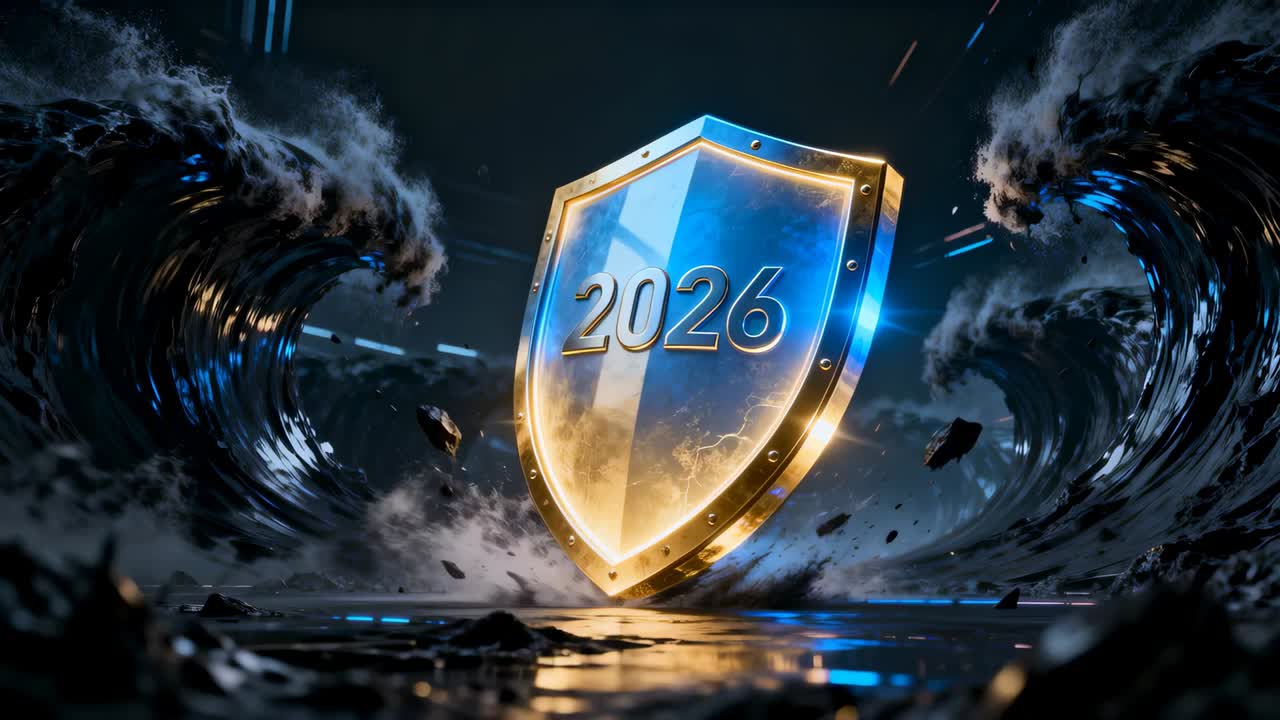 Rotating metallic shield embossed 2026 righting and glowing in stormy sea as vortices tightening