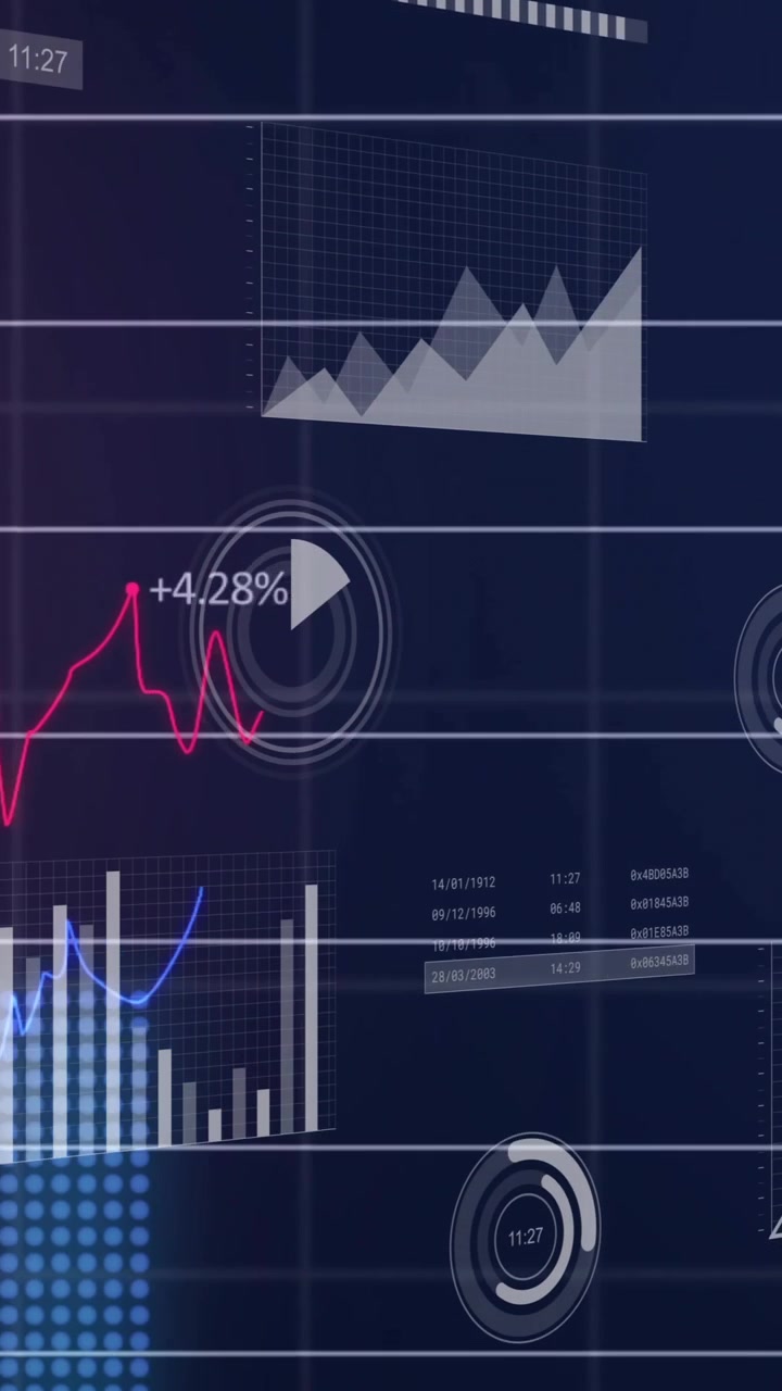 Animasjon av finansiell databehandling over mørk bakgrunn