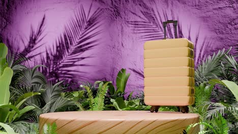 yellow hard-shell suitcase standing on wooden podium surrounded by tropical plants and pink textured wall. travel and vacation concept. design for banner, poster. studio product display.
