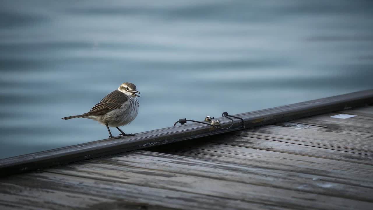 Öppnar näbben, strandfågel som sitter på ett smalt metallräcke vid en träbrygga, knap, lugnt vatten, utrymme för text