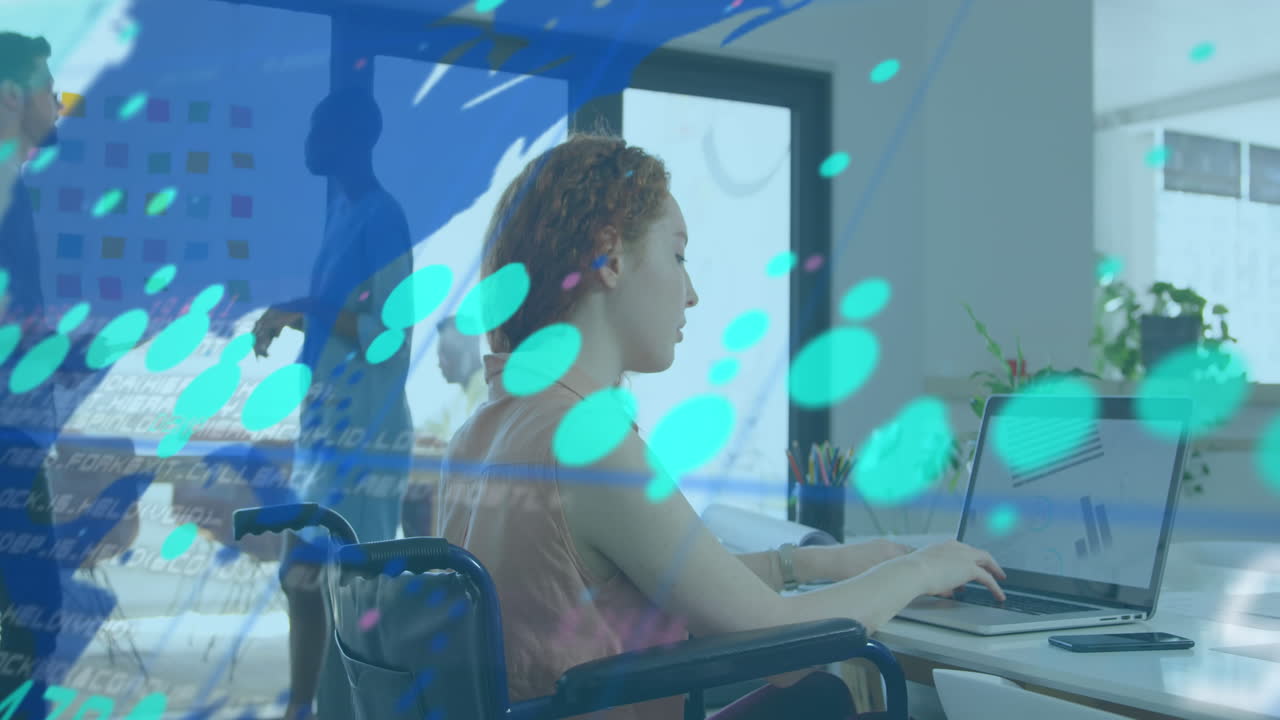 Animation of financial data processing over diverse business people in office