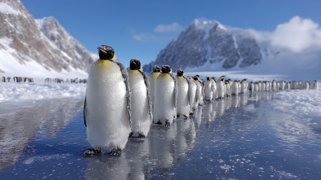 Majestic Emperor Penguins Marching in Formation on a Scenic Icy Landscape Under Clear Blue Skies Surrounded by Snow-Capped Mountains