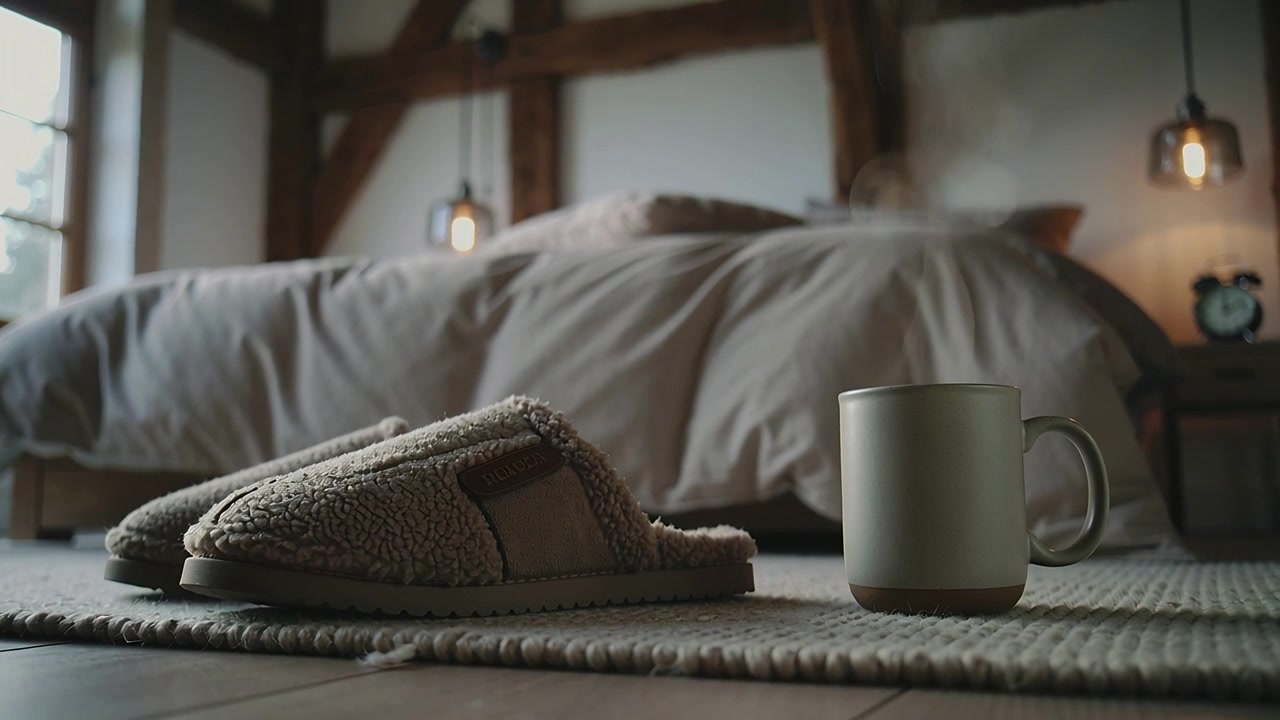 Zooming camera focusing on fleece slippers and steaming mug on rug, capturing morning calm