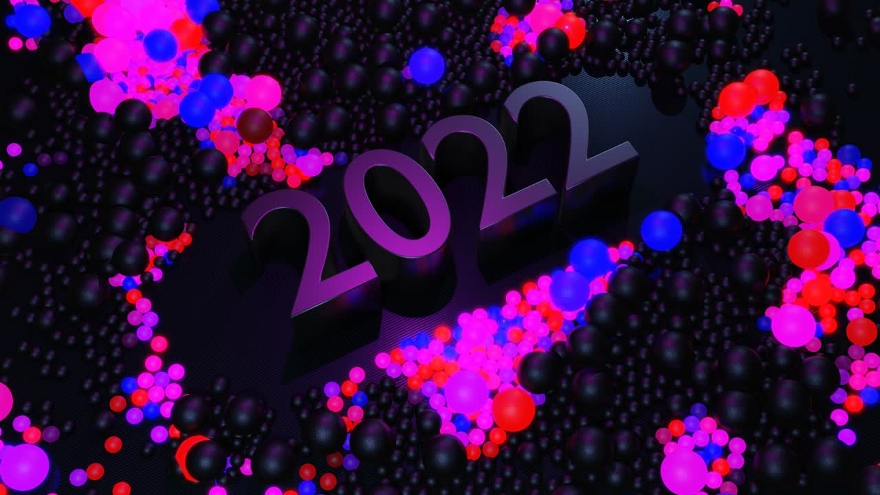 números de año nuevo en bucle 2022 y guirnalda de navidad de bolas o esferas esparcidas en el plano, que se iluminan de azul púrpura y forman un hermoso patrón. composición de navidad 4k con luz de neón