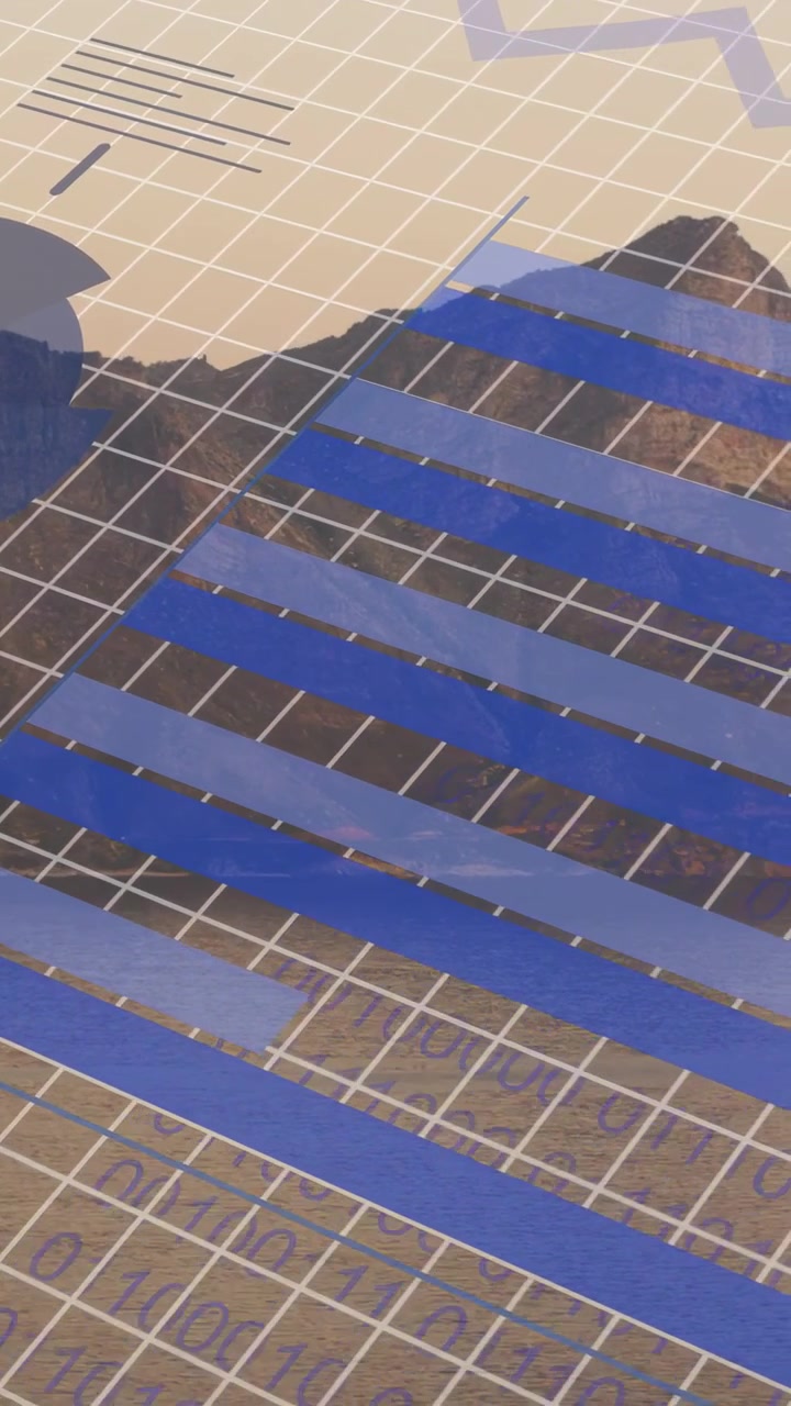 Video verticale: Feed che si avvia, strato blu che si muove a destra su grafici a torta e barre scorrevoli che mostrano le tendenze.