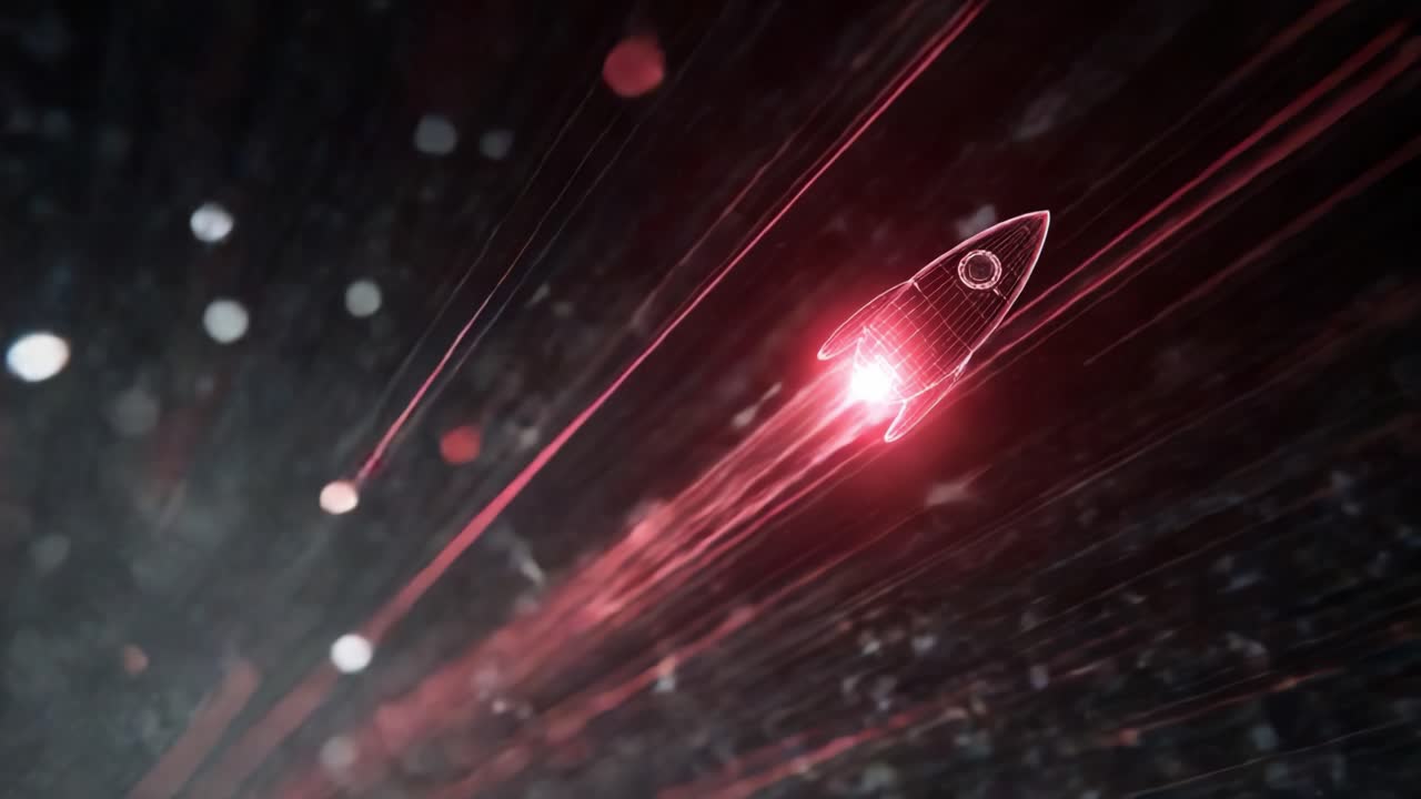 Digital red rocket icon flying fast through a dark abstract space leaving light trails behind, representing innovation, startup launch, technology growth, and speedy business development