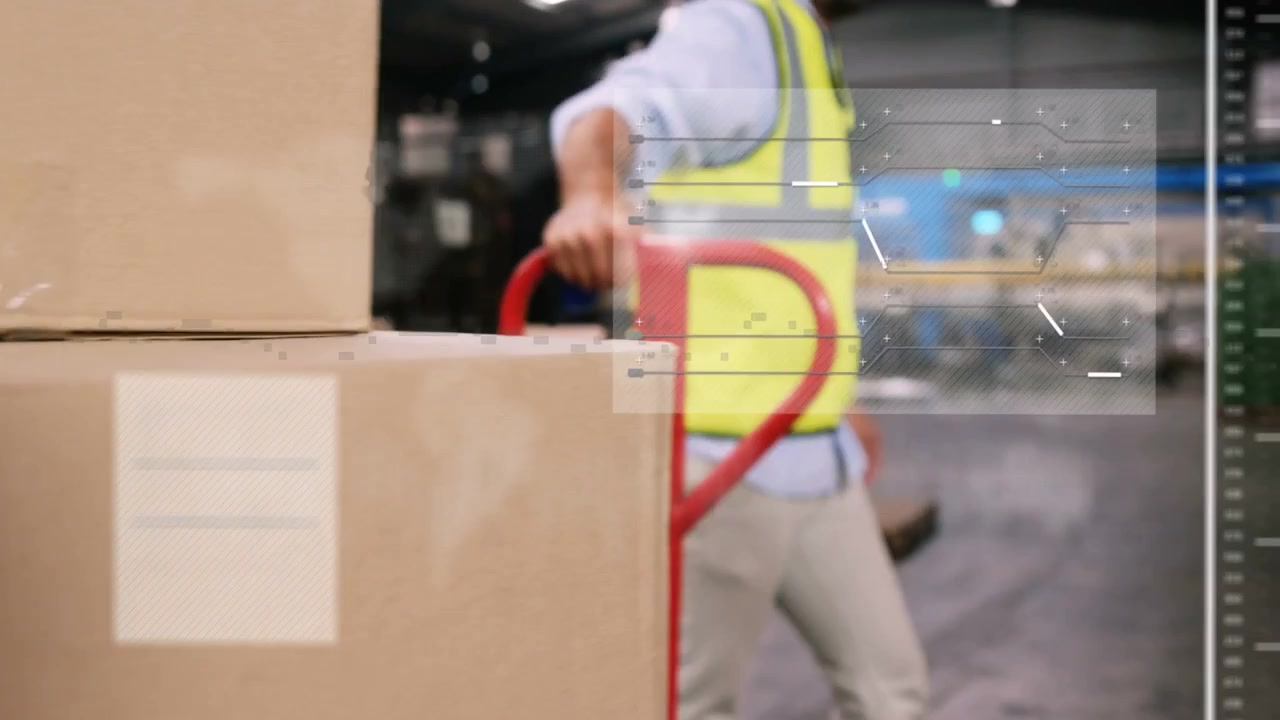 Warehouse worker grasping box stacking using pallet jack moving for shipment HUD overlaying boxes