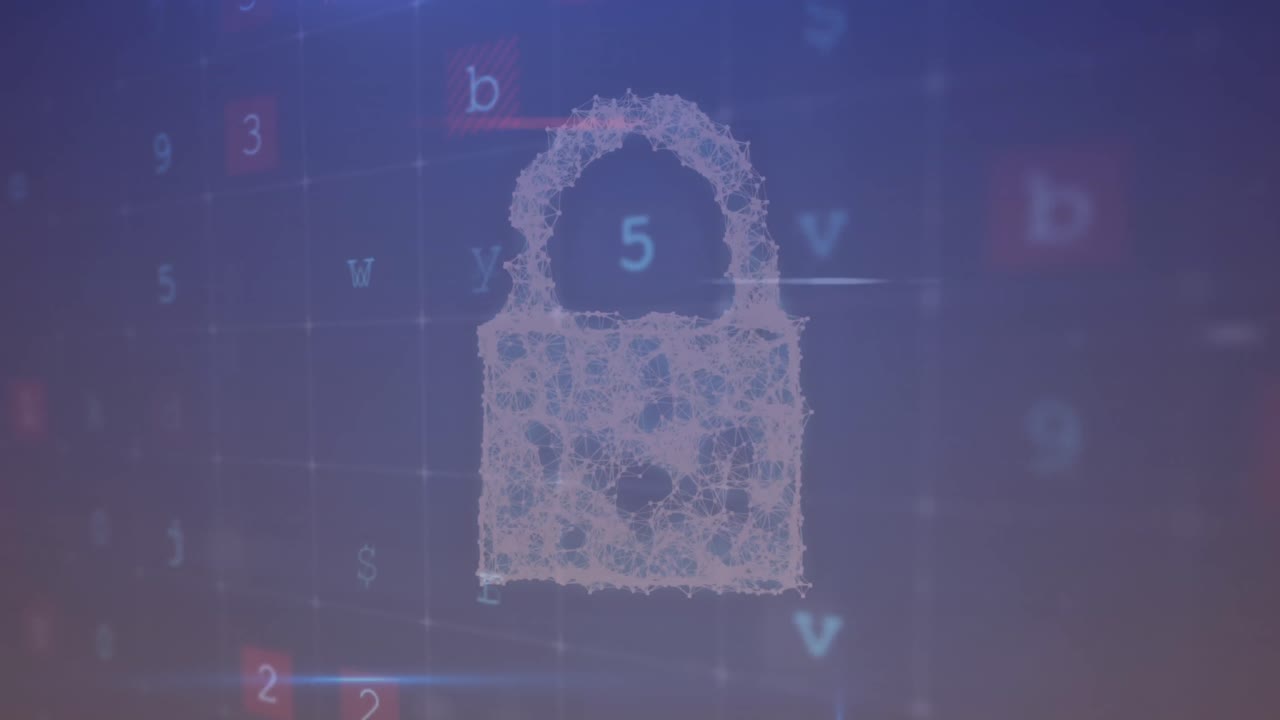 animación del texto del ataque cibernético, procesamiento de datos a través de un candado de seguridad en línea.