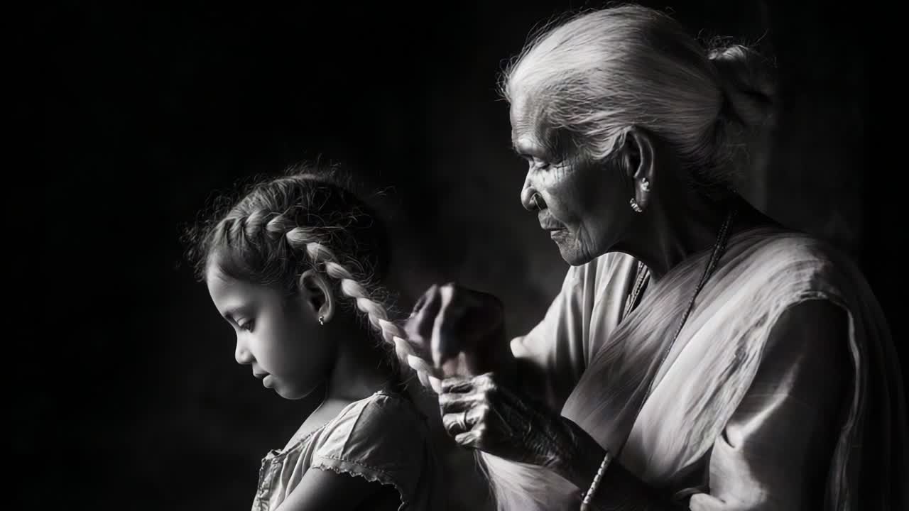 A tender moment captured in black and white, showcasing the delicate bond between an elderly woman and a child as they share a quiet and intimate hair-braiding ritual that transcends generations