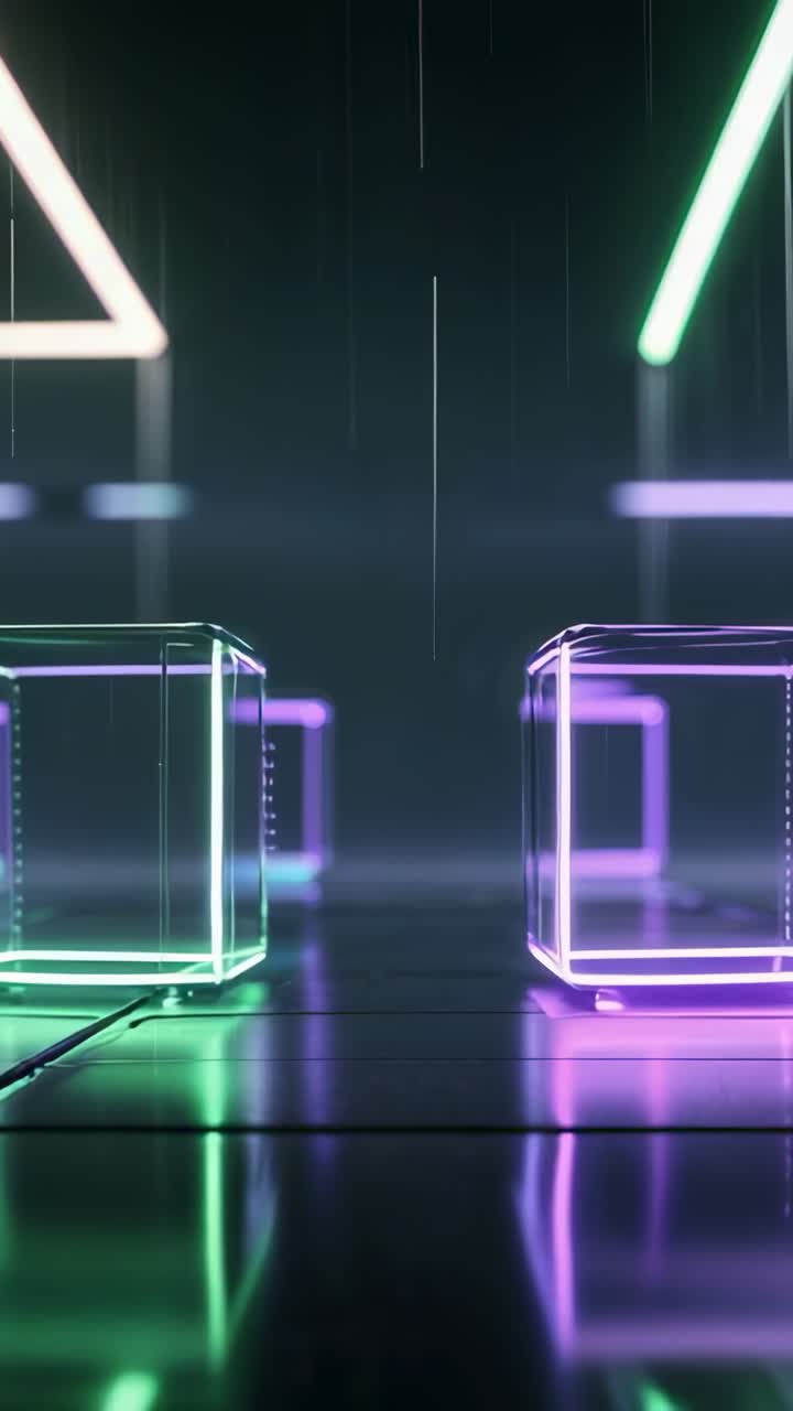 Lodret video: Lanceringsscene, der viser wireframe-terninger, som pulserer på platformen, neontrekant og stang