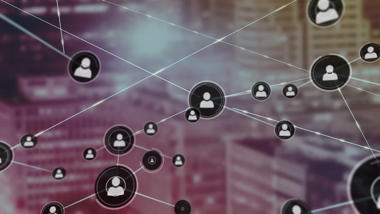 User icon nodes glowing and connecting over blurred cityscape, forming flat design network