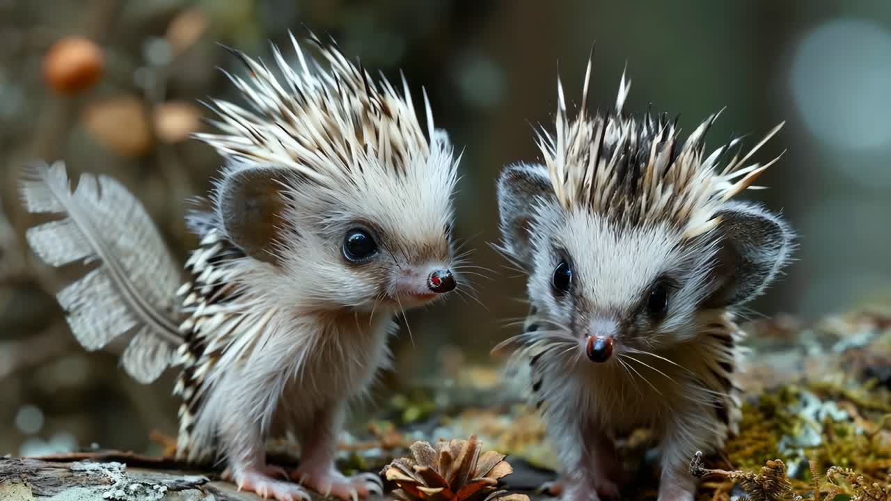 Two baby hedgehogs are sitting on a log. One of them has a feather on its tail