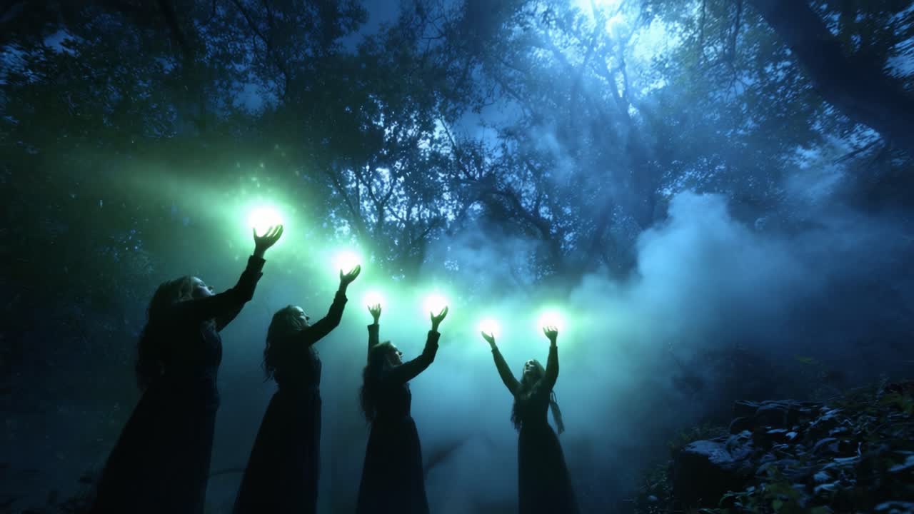 A Mysterious Gathering of Sorceresses Illuminated in Enchanted Forest with Ethereal Lights Under a Moonlit Sky