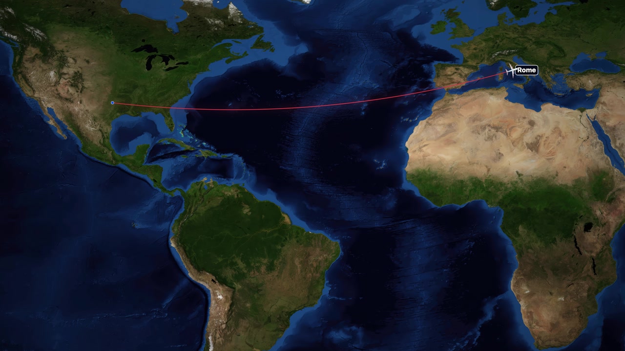 Satellite world map animation tracks a commercial airplane flying from Dallas to Rome across oceans