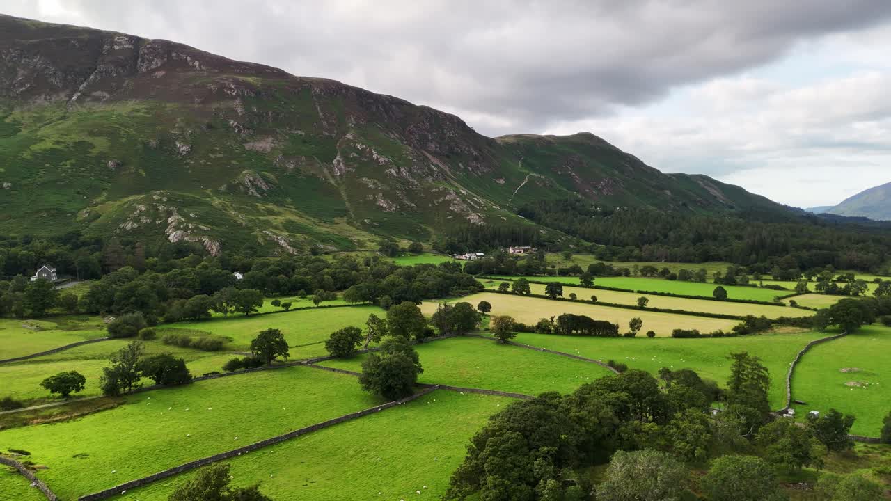 A panoramic drone view of Derwent Water in Borrowdale. Looking north to Skiddaw and the town of Keswick