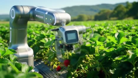 advanced agricultural robot harvesting strawberries: a high-tech solution for efficient crop management in modern farming environments