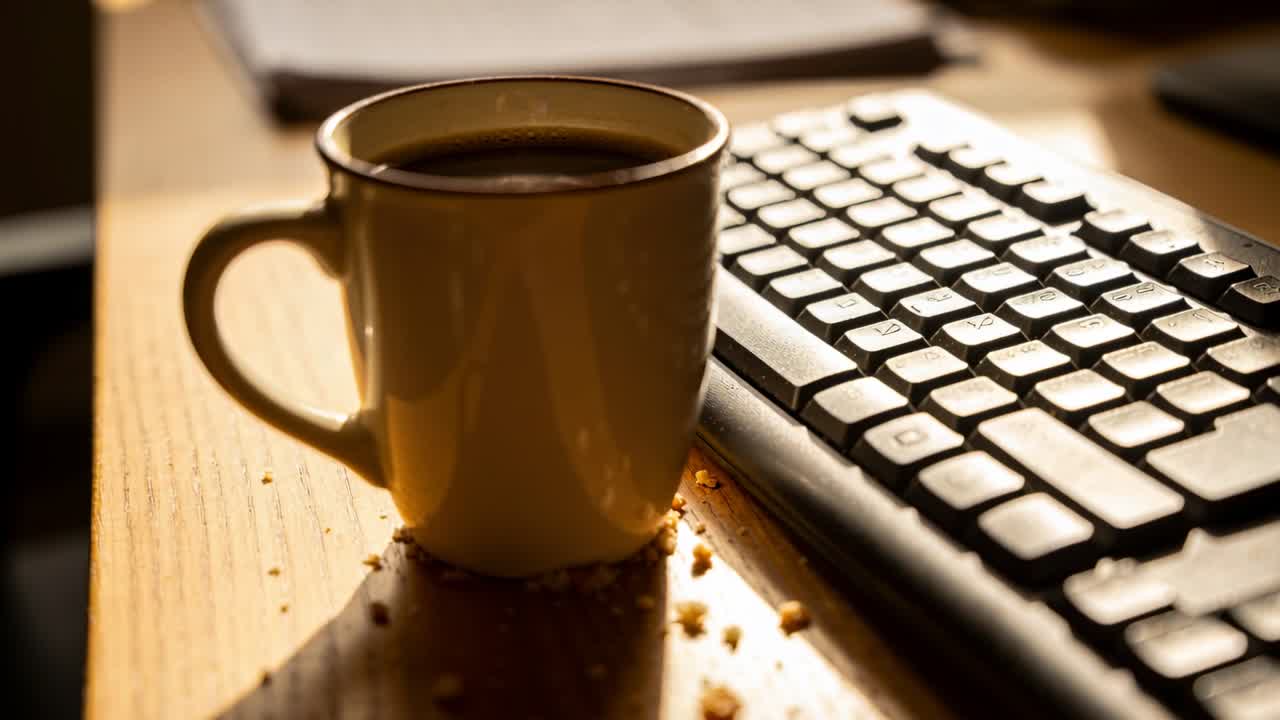 Câmera deslocando-se e ajustando o foco em caneca amarela na mesa, migalhas, para realçar o teclado, com espaço para texto.