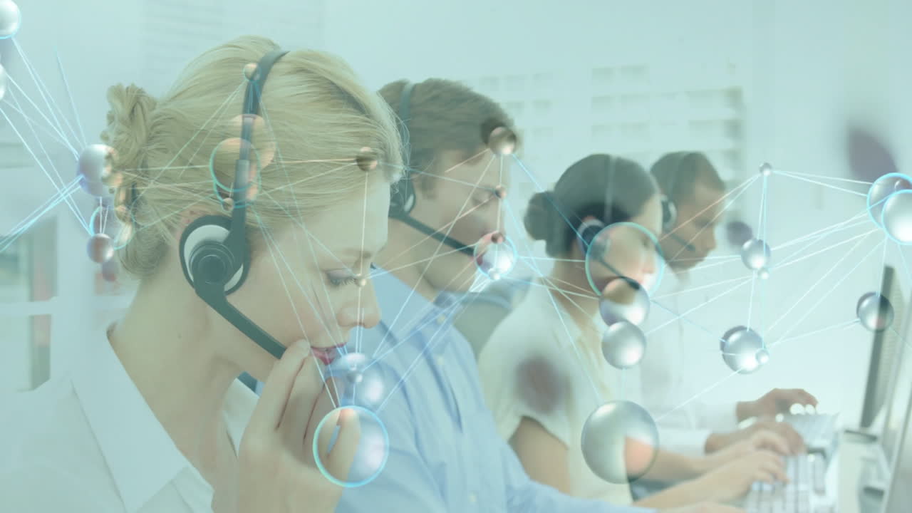 Customer service team working with animated network connections overlay in office