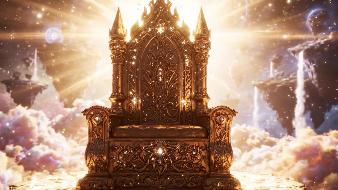 Ein majestätischer Thron, beleuchtet von himmlischem Licht, umgeben von ätherischen Wolken und schwebenden Inseln, der Macht und göttliche Autorität repräsentiert