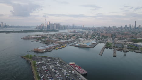 shot at dusk in red hook with the manhattan skyline in the background.